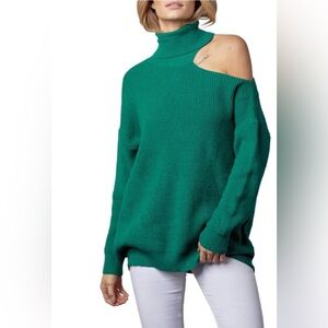En Merci Cold Shoulder Turtleneck Sweater Green